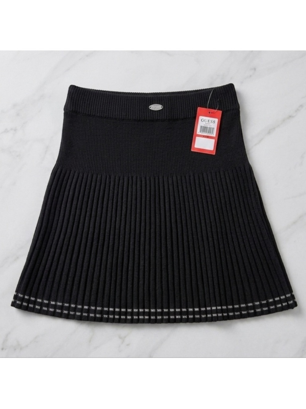GUESS Black Ribbed Pleated Skater Skirt with Hem Stripe